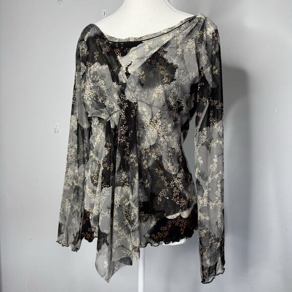 ANAC Designed by Kimi Sheer Floral Blouse Long Sleeve Asymmetrical Hem Size L - Picture 1 of 6